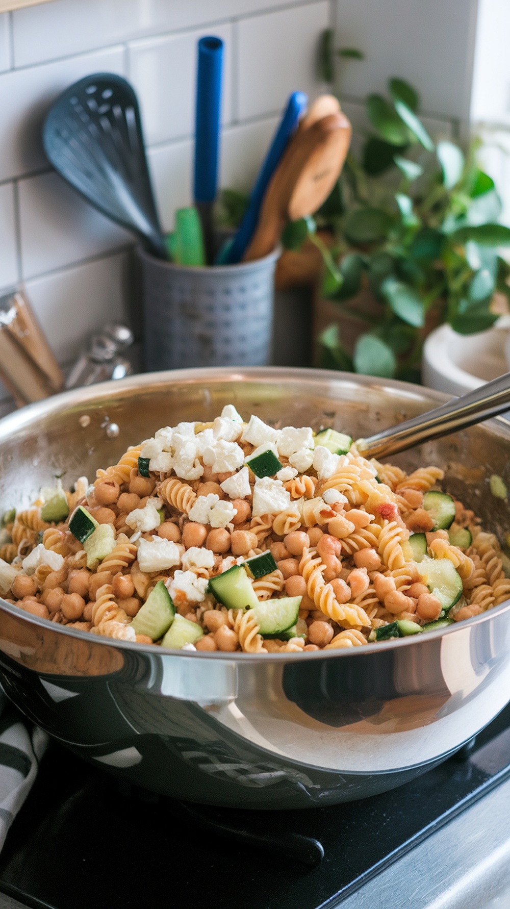 A bowl of Greek pasta salad with chickpeas, cucumbers, and feta cheese, set against a backdrop of kitchen utensils and greenery.