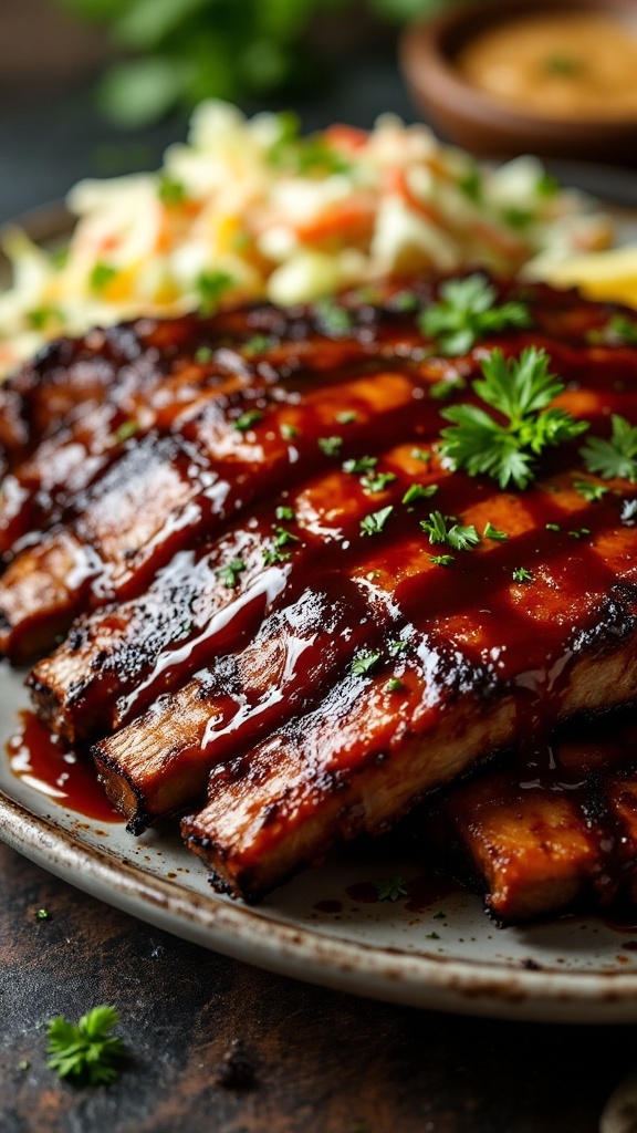Delicious grilled BBQ ribs with tangy sauce and coleslaw on a plate.