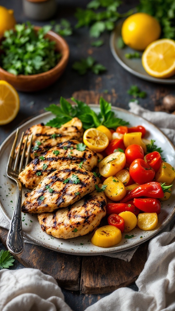 Grilled lemon herb chicken served with seasonal vegetables