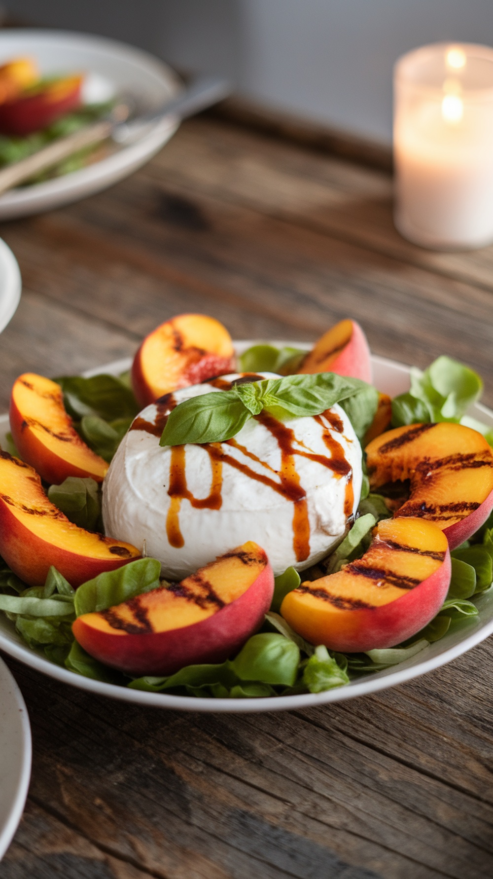 A plate of grilled peach and burrata salad with fresh greens, grilled peaches, basil, and a drizzle of balsamic reduction.