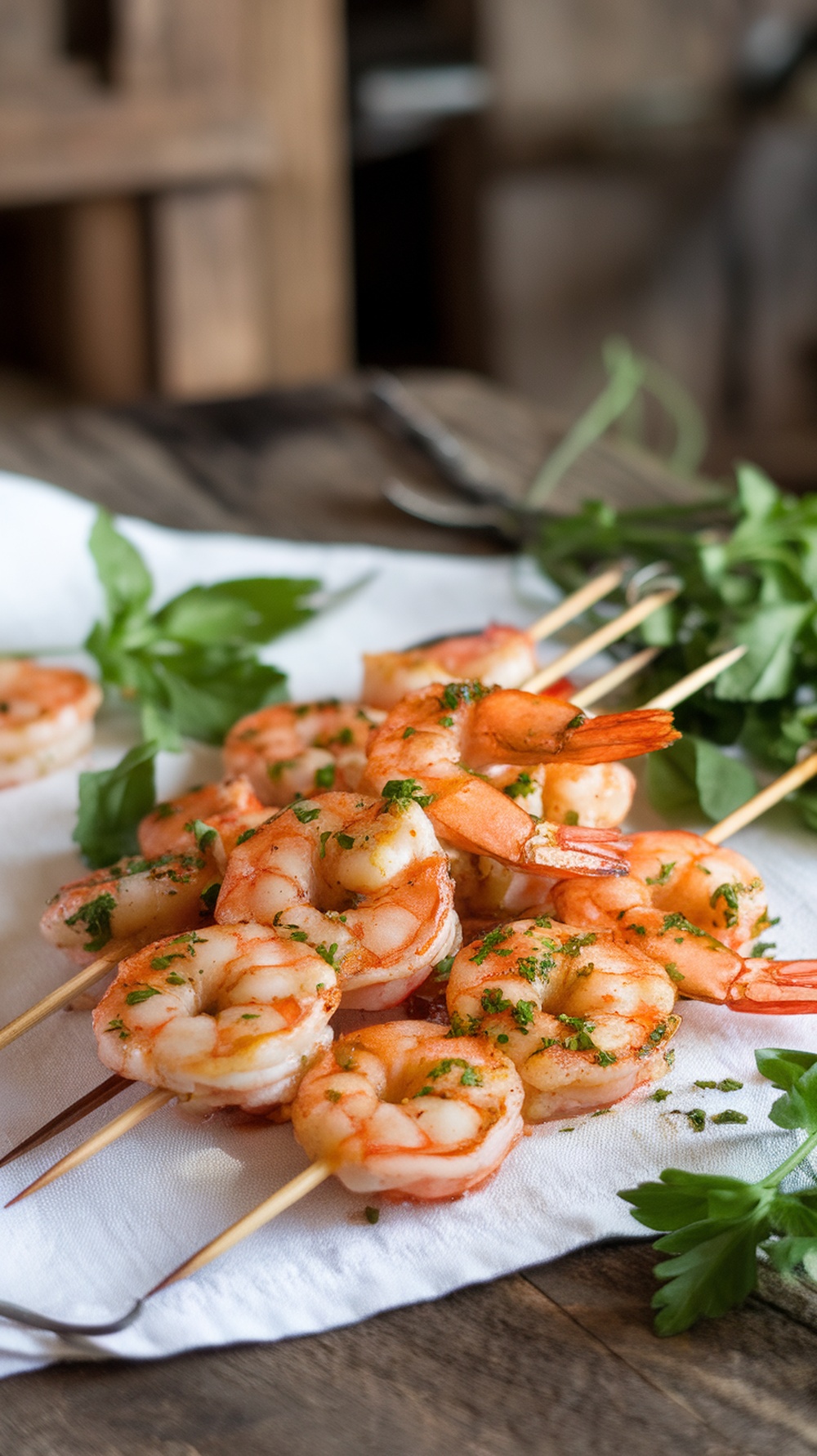 Grilled shrimp skewers with garlic butter on a white cloth