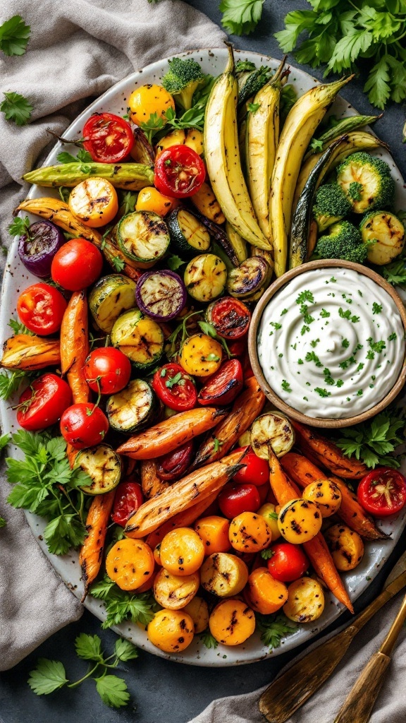 A vibrant platter of grilled vegetables accompanied by a creamy herb dip.