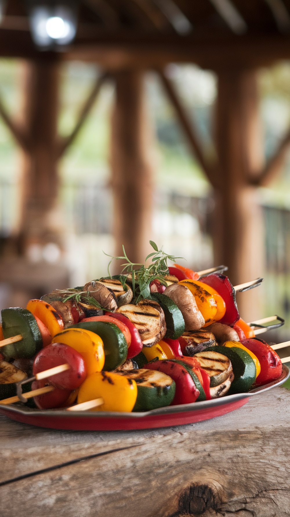 Colorful grilled vegetable skewers on a red plate, showcasing bell peppers, zucchini, and mushrooms.