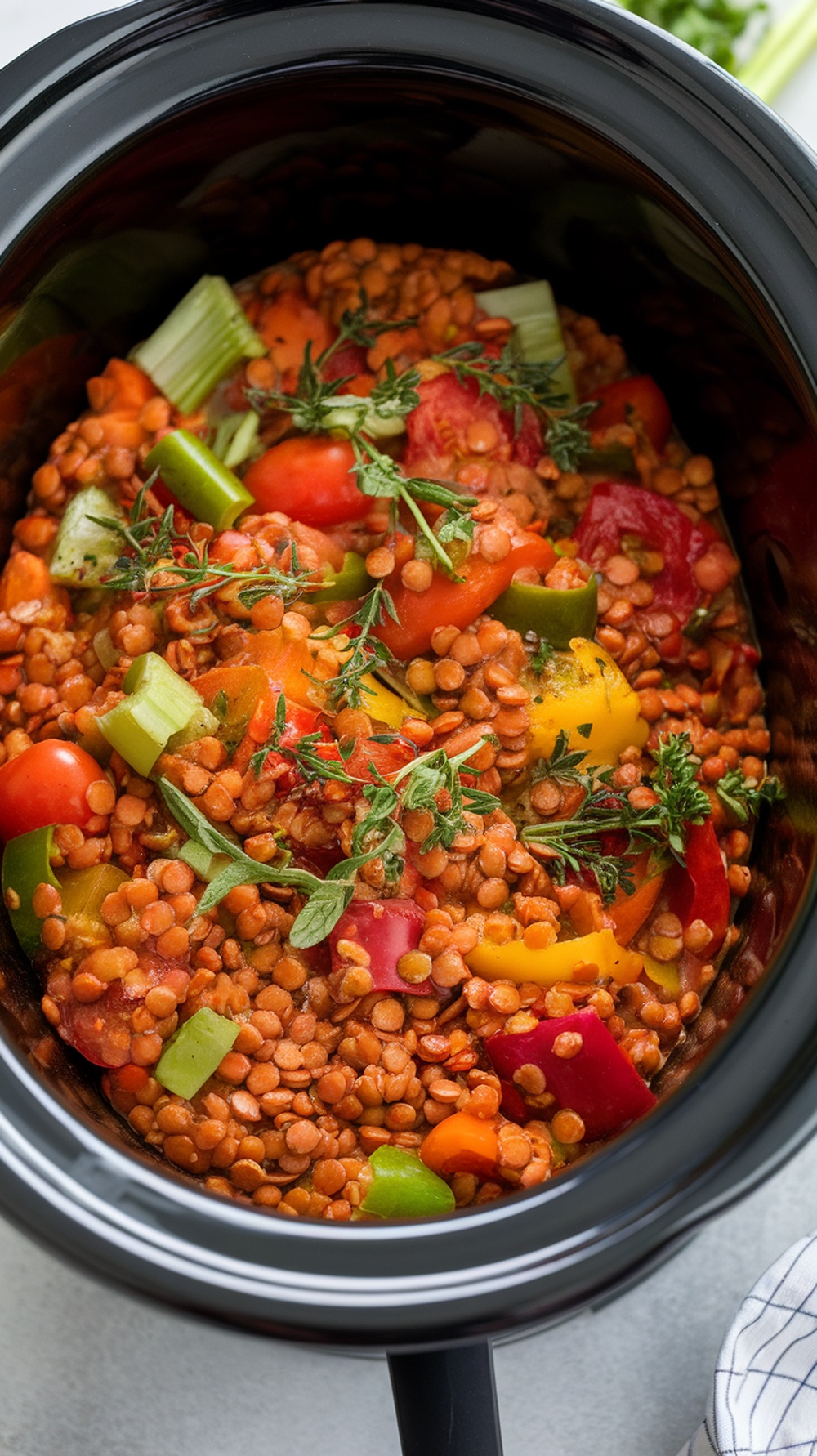 A colorful mixture of lentils and vegetables simmering in a crockpot.