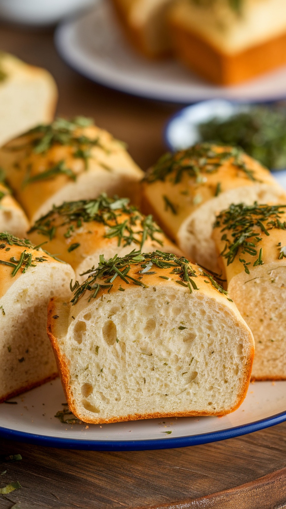Freshly baked herbed garlic mini loaves with herbs on top