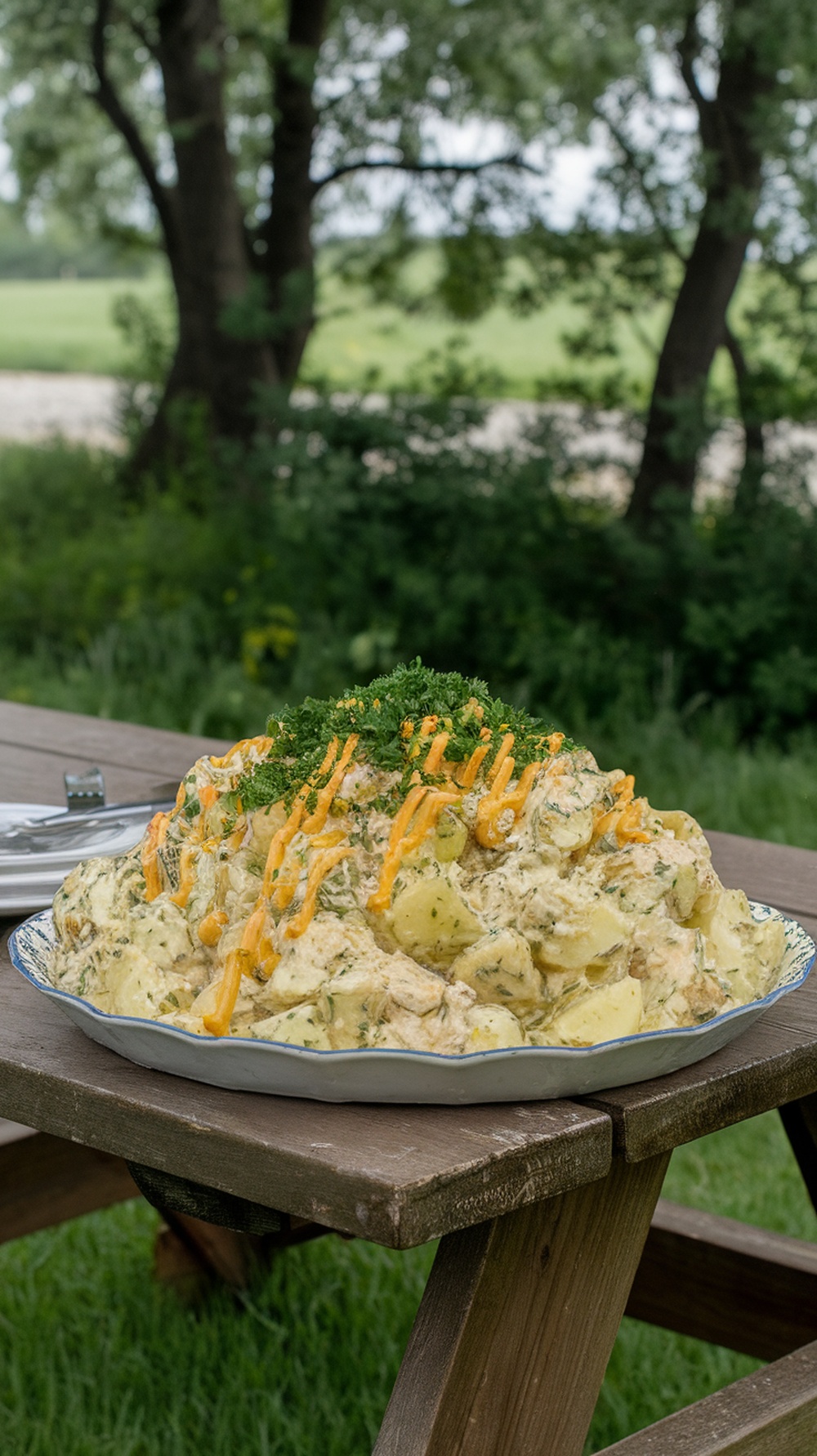 A vibrant herbed potato salad topped with mustard dressing on a picnic table.