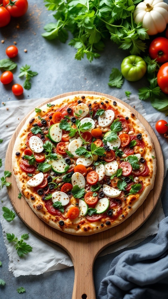 Homemade veggie pizza topped with fresh tomatoes, mozzarella, and herbs.