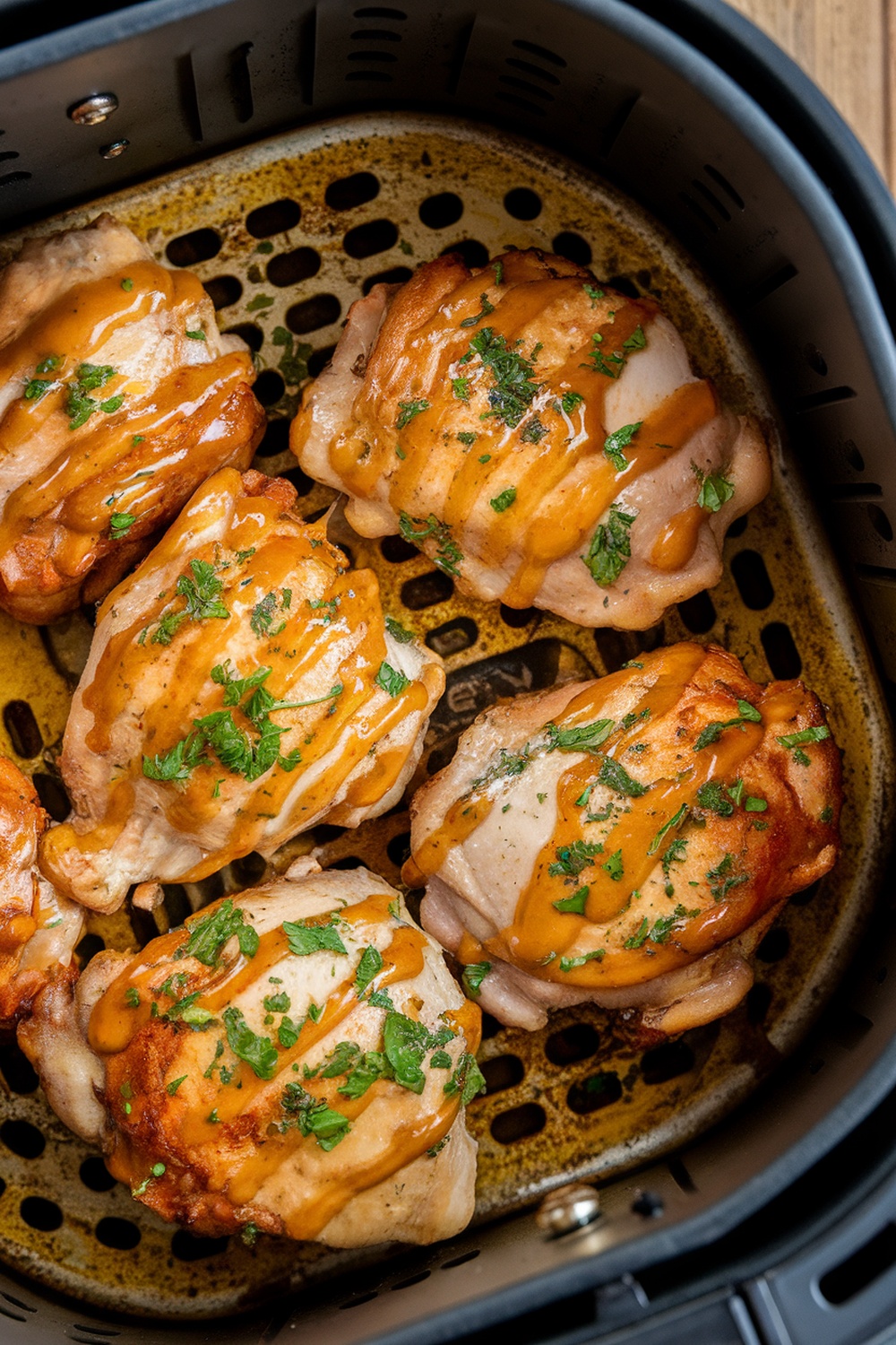 Honey mustard glazed chicken thighs in an air fryer basket, garnished with parsley.