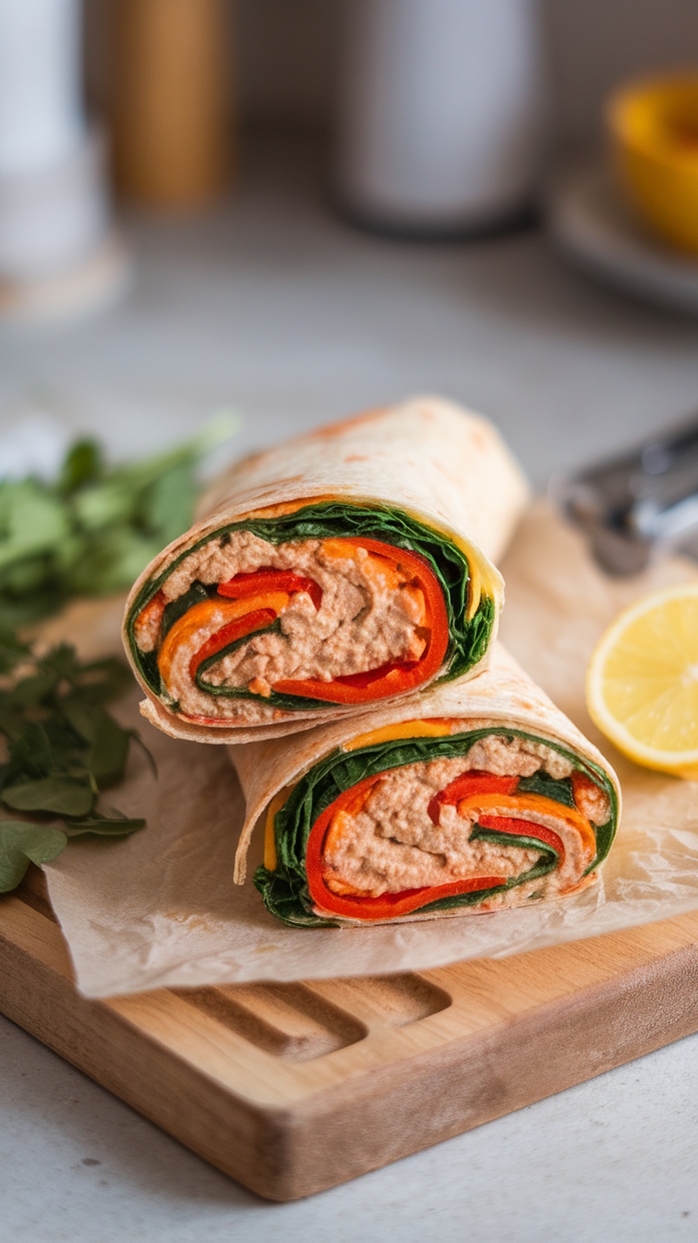 A delicious hummus and veggie wrap with spinach, vibrant red and yellow bell peppers, cut in half and placed on a wooden board.