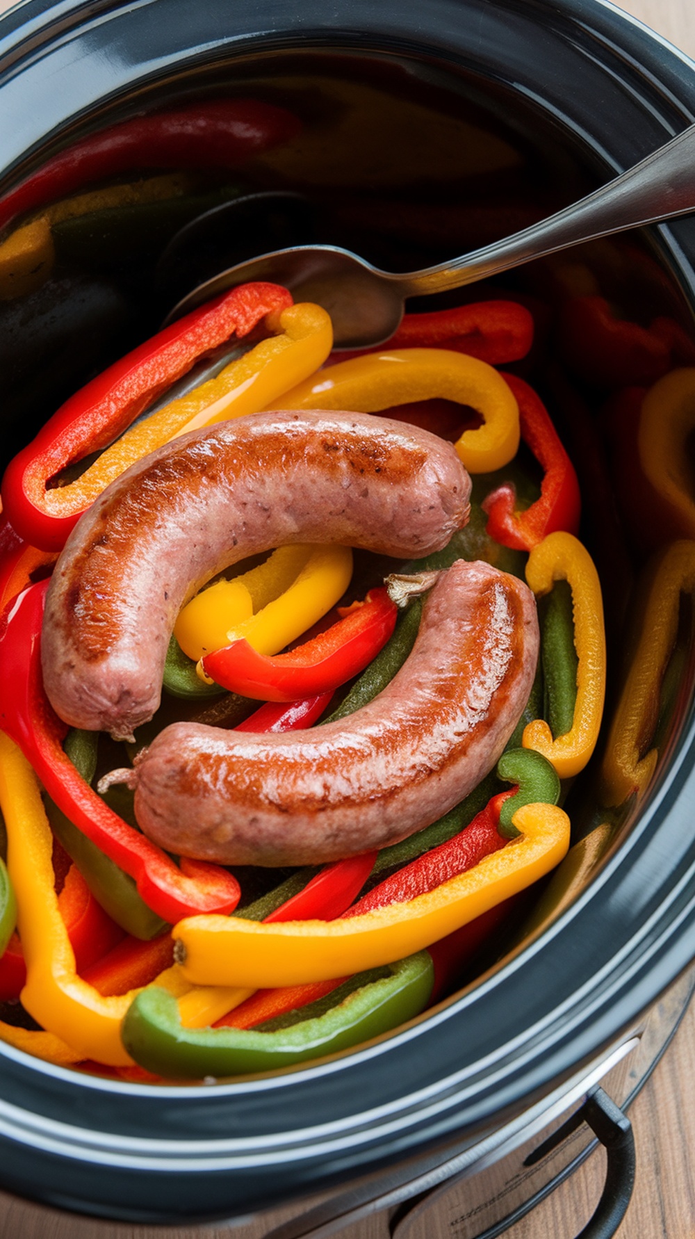 Crockpot filled with Italian sausages and colorful bell peppers
