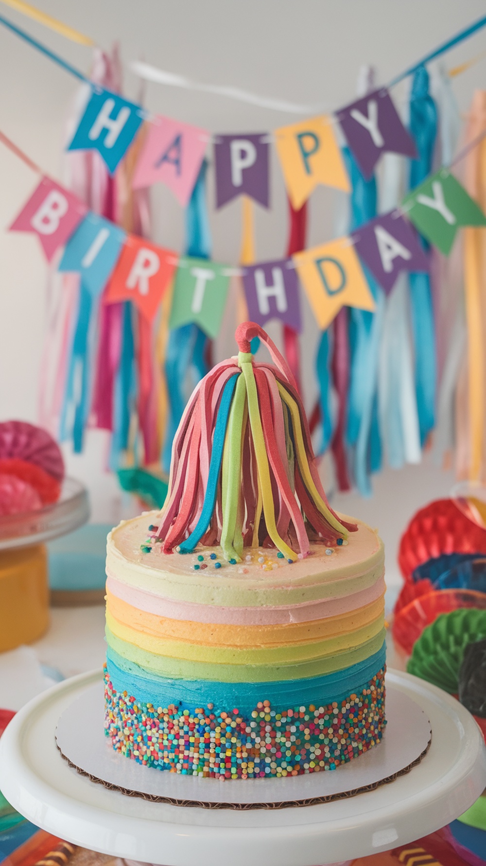 Colorful layered graduation cake with tassels on top