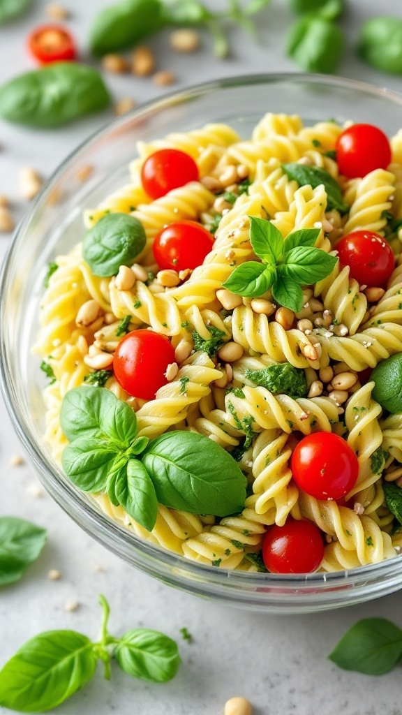 A bowl of Lemon Basil Pesto Pasta Salad with rotini pasta, cherry tomatoes, basil leaves, and pine nuts.