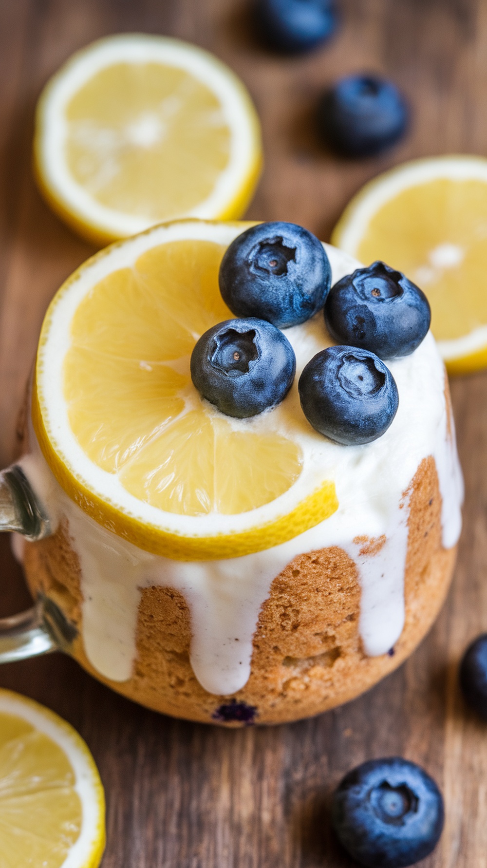 A lemon blueberry mug cake topped with lemon slices and blueberries, sitting on a wooden surface.