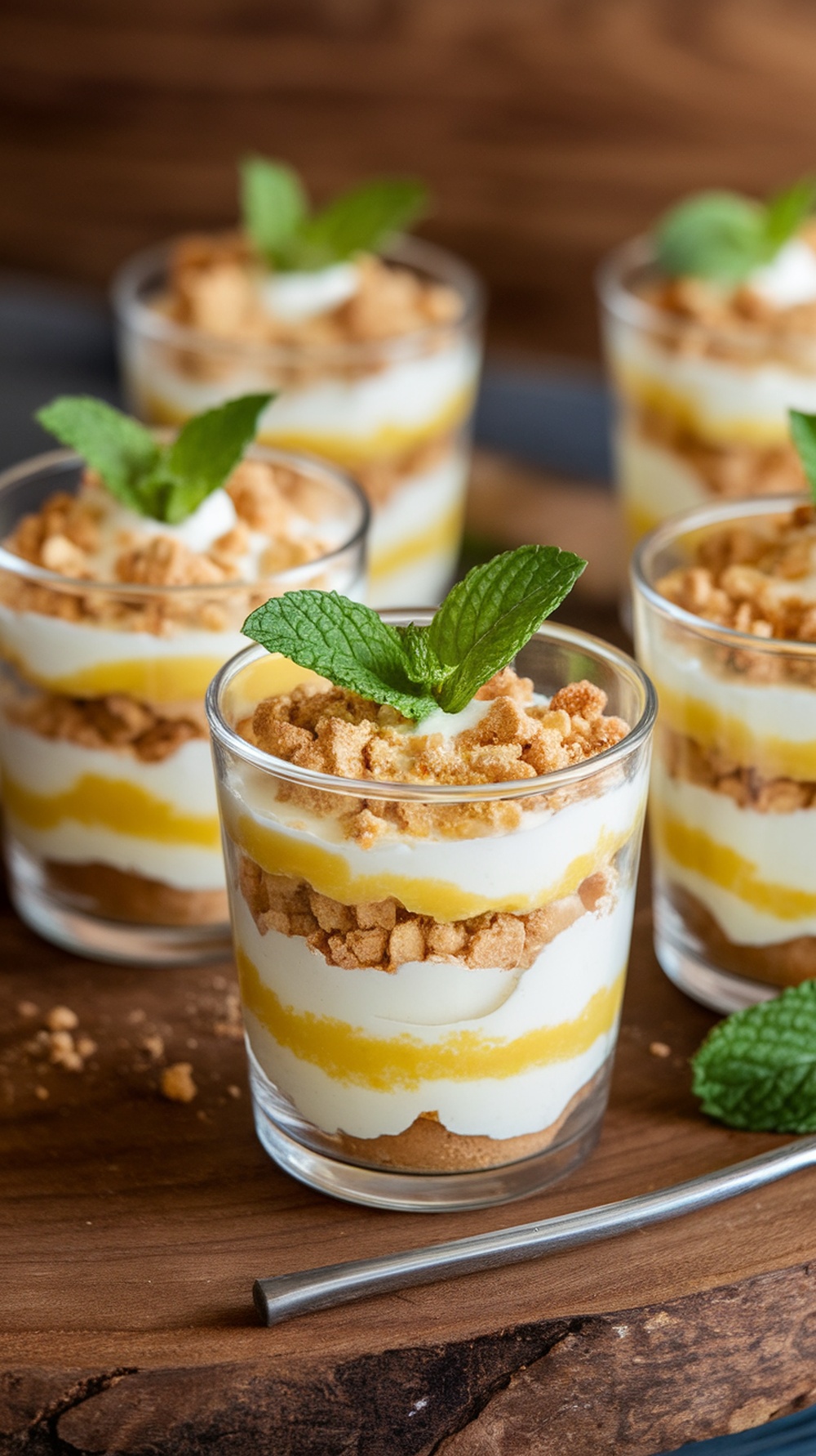 Mini dessert cups filled with lemon curd parfaits and shortbread crumbles.