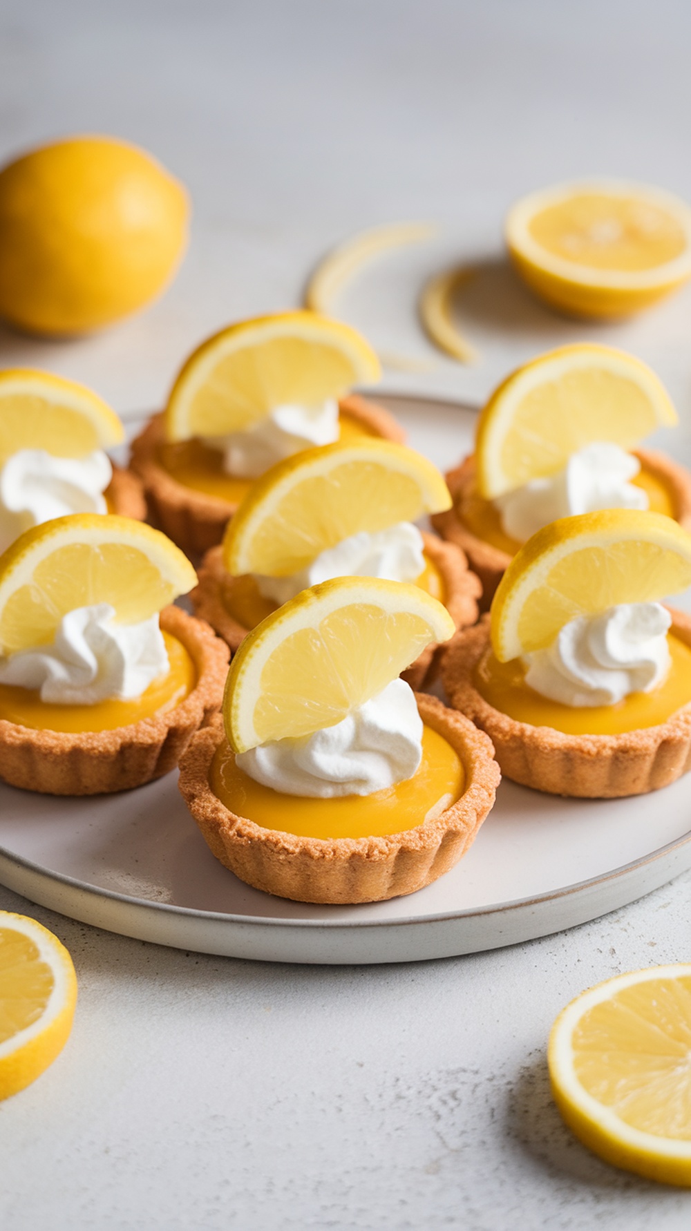 Delicious lemon curd tartlets with whipped cream and lemon slices