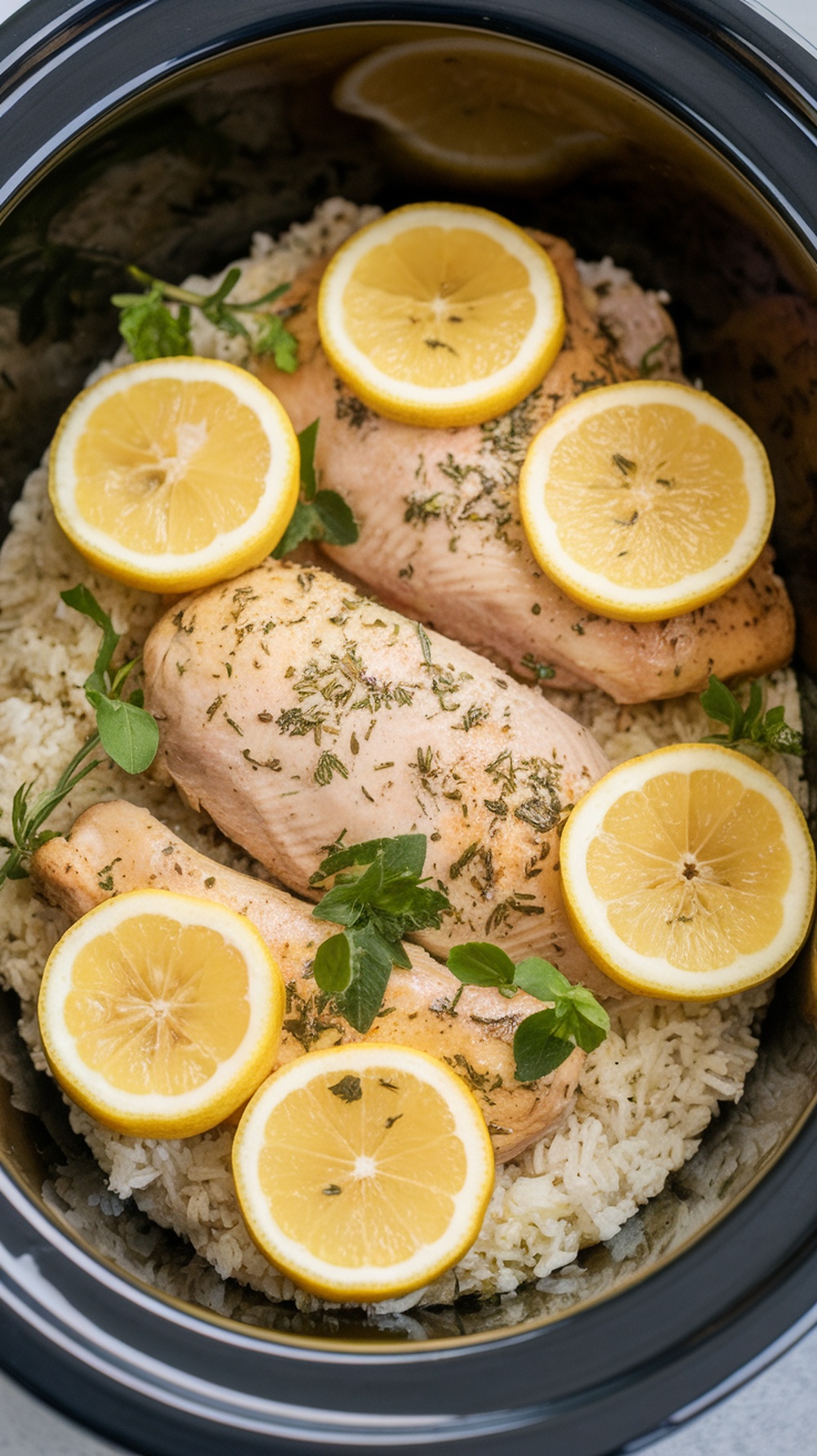 Crockpot with lemon herb chicken and rice, featuring lemon slices and herbs on top.