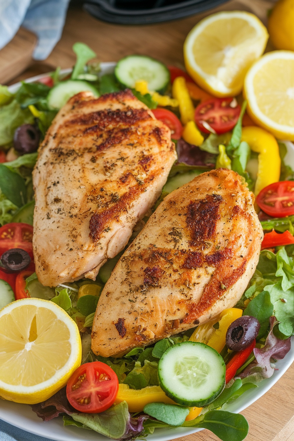 Lemon pepper air fryer chicken breasts served on a bed of salad with lemon slices.