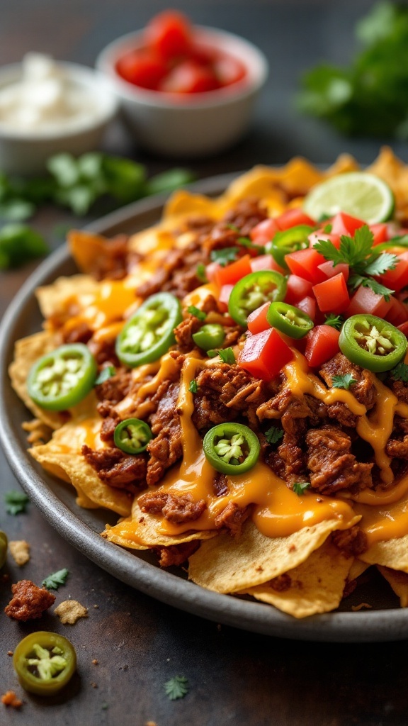 A plate of loaded BBQ nachos topped with melted cheese, jalapeños, and fresh tomatoes.