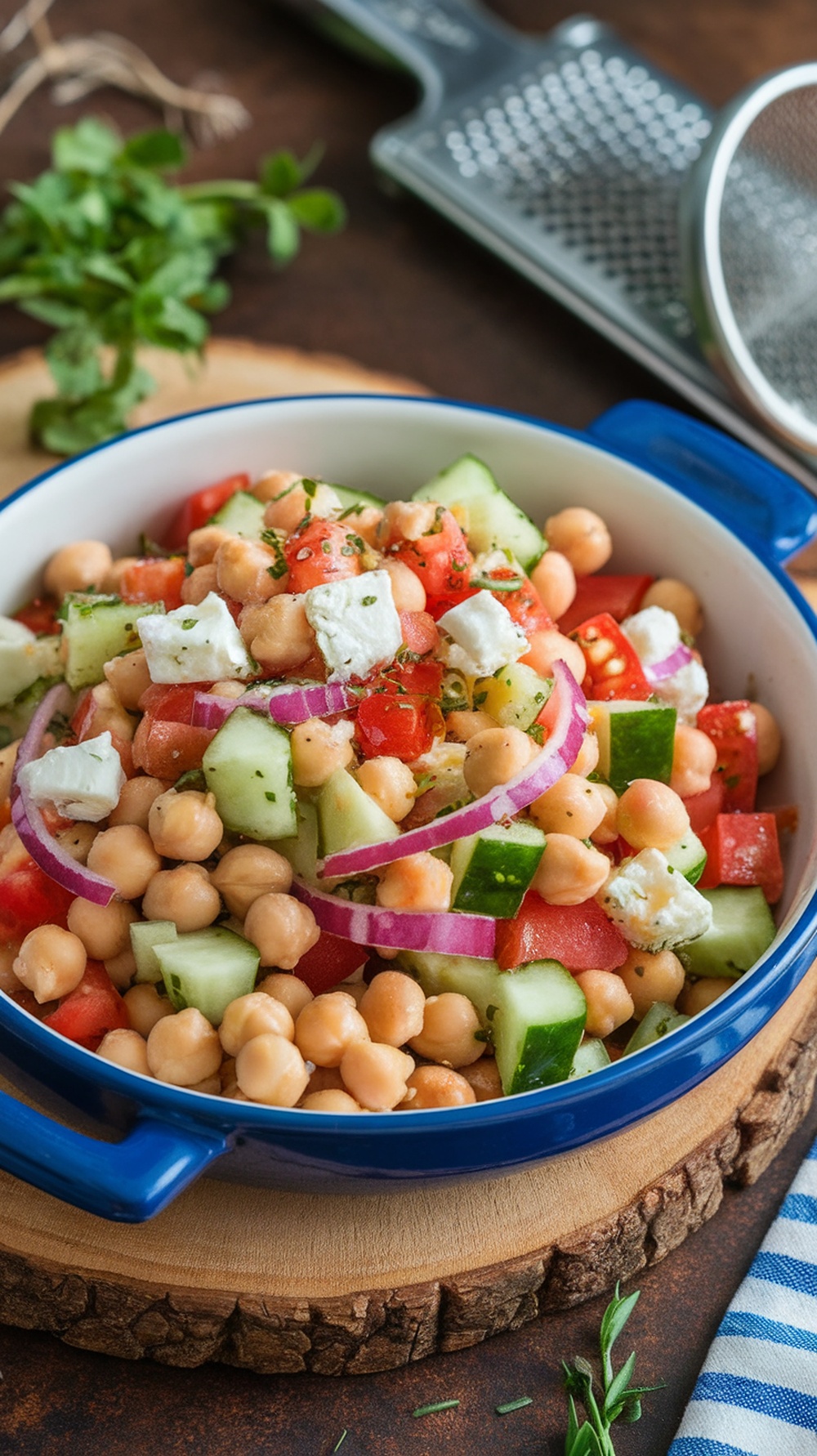A vibrant Mediterranean Chickpea Salad with chickpeas, cucumbers, tomatoes, red onions, and feta cheese.