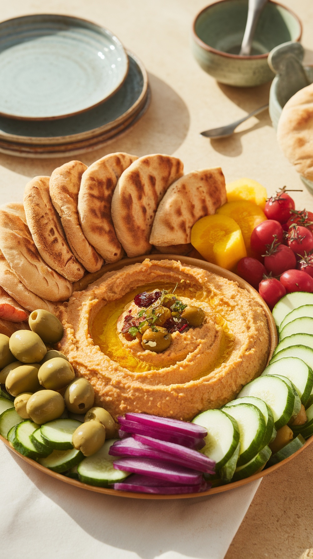 A beautifully arranged Mediterranean hummus platter featuring hummus, olives, cucumbers, radishes, tomatoes, and pita bread.