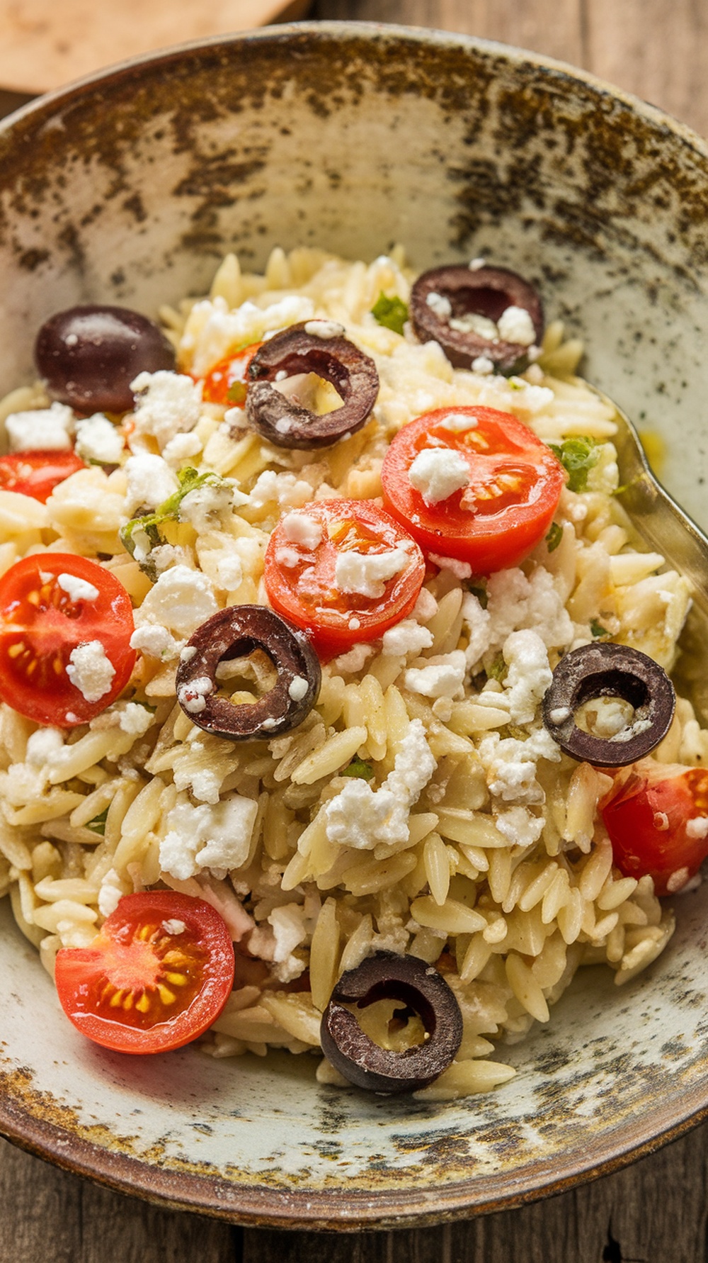 A bowl of Mediterranean Orzo Salad topped with cherry tomatoes, feta, and olives.