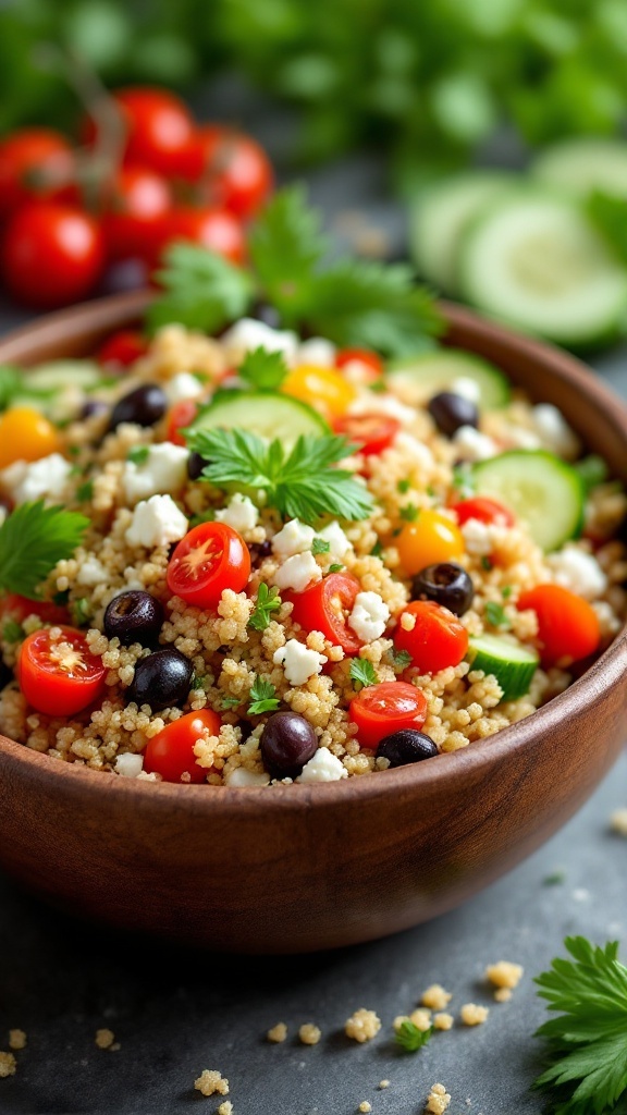 A colorful Mediterranean Quinoa Salad in a wooden bowl with cherry tomatoes, cucumber slices, black beans, and feta cheese.