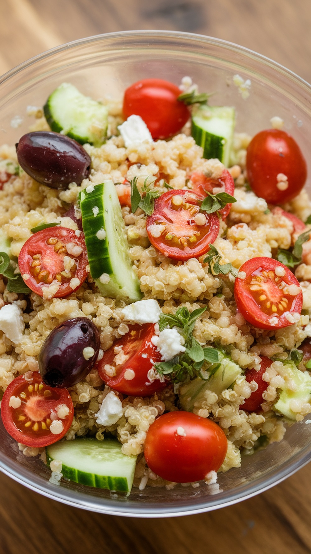 A bowl of Mediterranean Quinoa Salad with cherry tomatoes, cucumbers, olives, and feta.