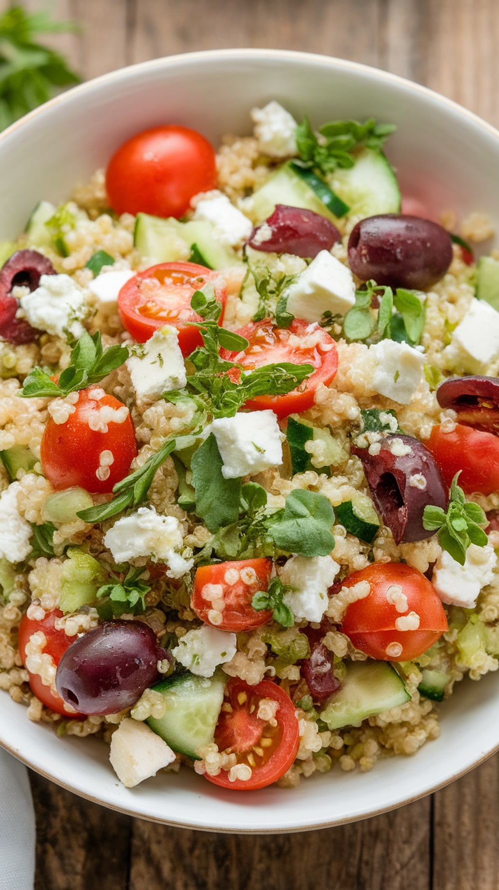 A bowl of Mediterranean Quinoa Salad with fresh vegetables and feta cheese.