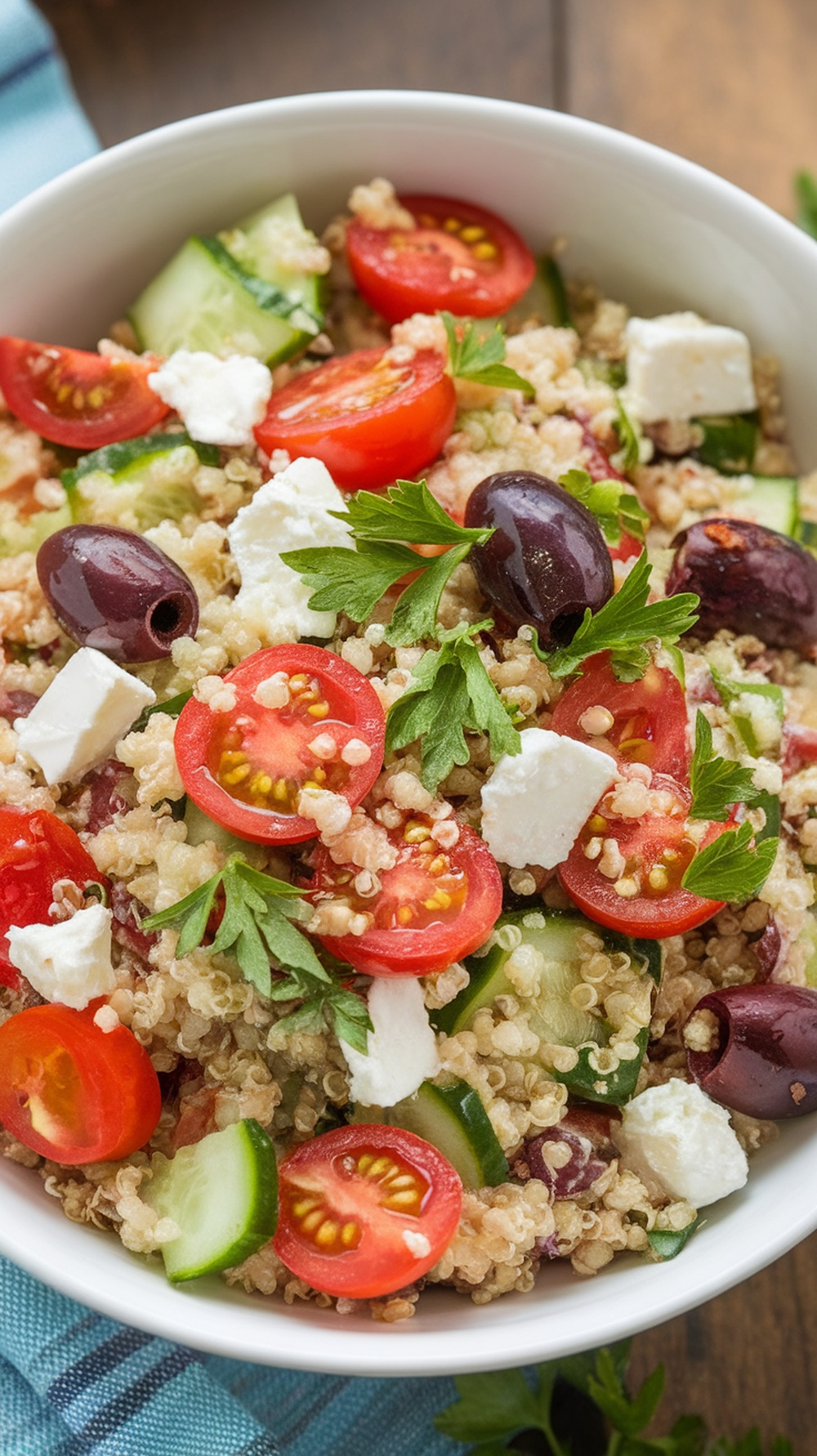 A bowl of Mediterranean quinoa salad with tomatoes, cucumbers, feta cheese, and olives.