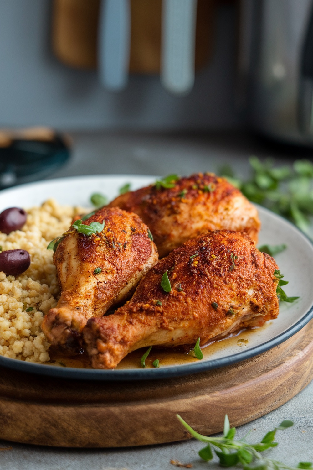 A plate of Mediterranean spiced air fryer chicken served with couscous and olives.