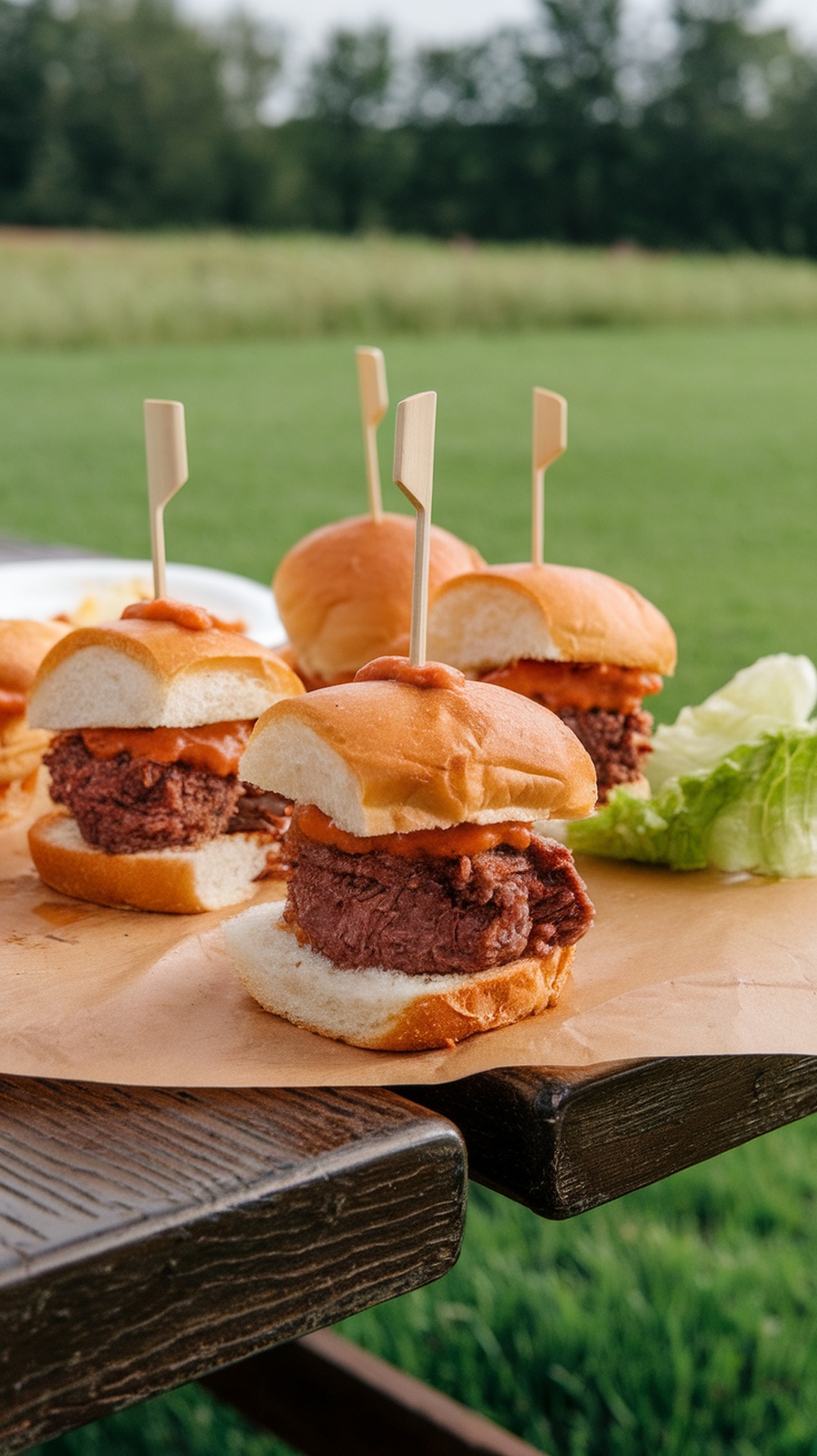 Mini beef sliders on a wooden table with special sauce