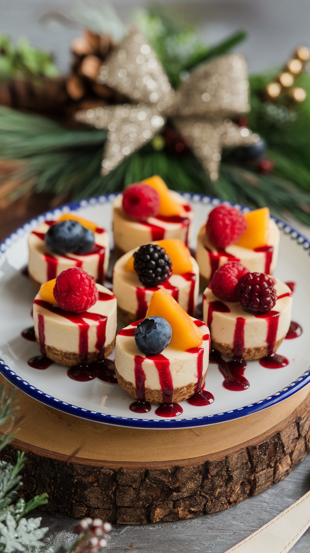 A plate of mini cheesecake bites topped with fresh berries and berry sauce.