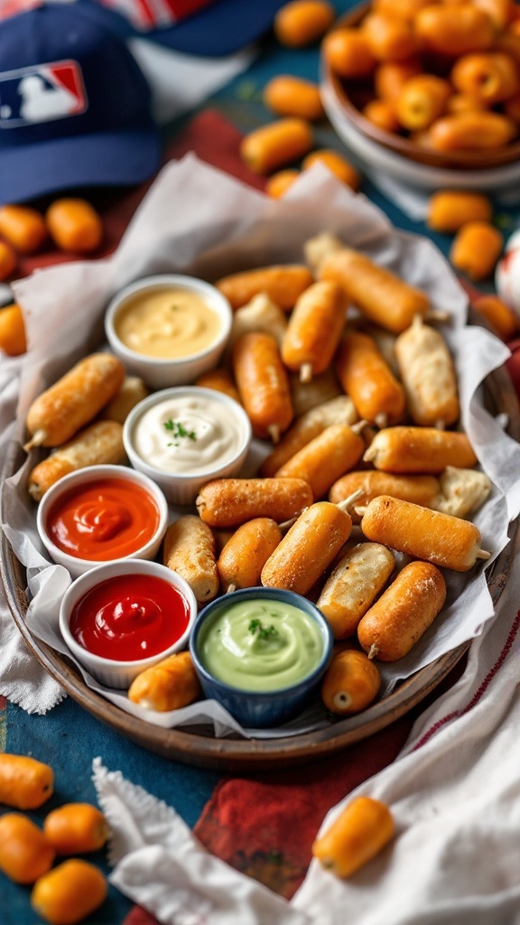 A platter of mini corn dogs with various dipping sauces, perfect for baseball snacks.