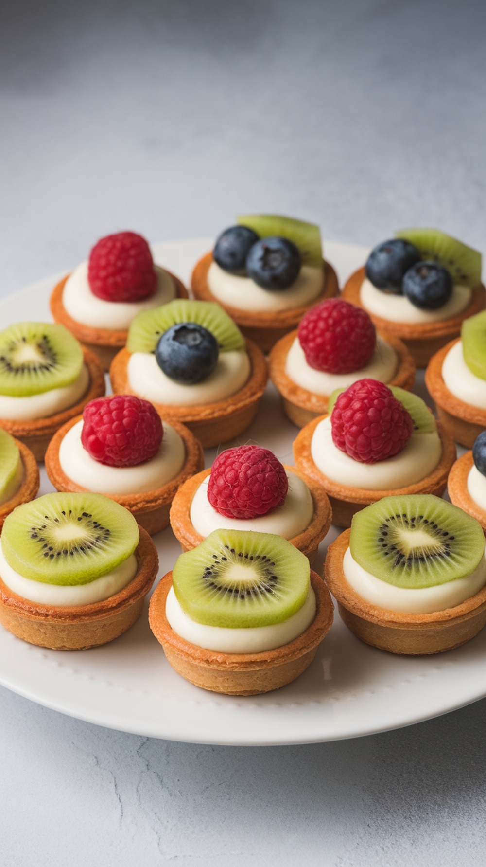 Mini fruit tarts with cream topped with slices of kiwi, blueberries, and raspberries