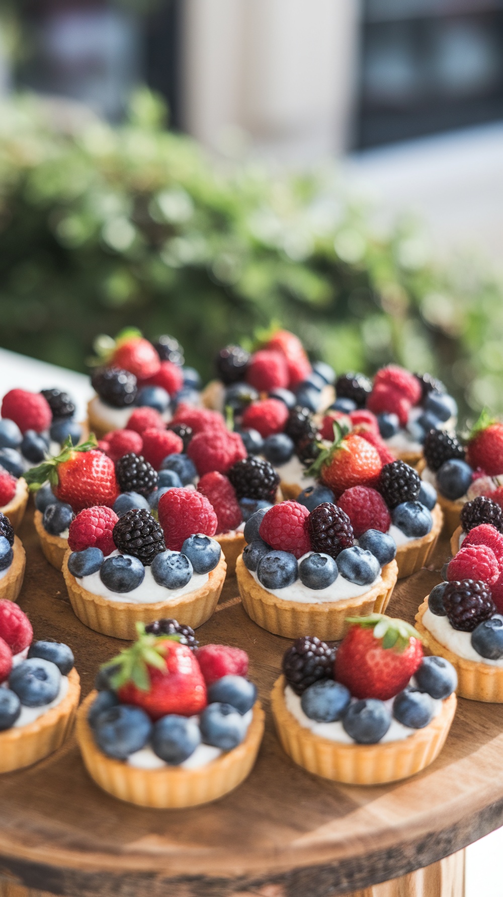Mini fruit tarts with pastry cream topped with strawberries, blueberries, and blackberries on a wooden platter.
