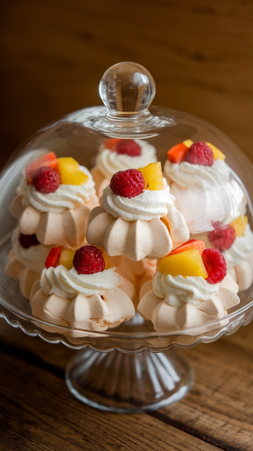 Mini Pavlovas topped with whipped cream and fresh fruit