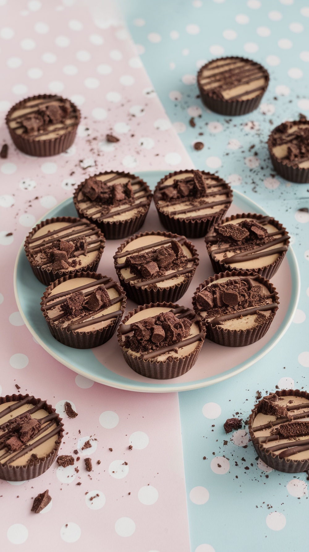 Mini peanut butter cups with crushed cookies on a pastel background.