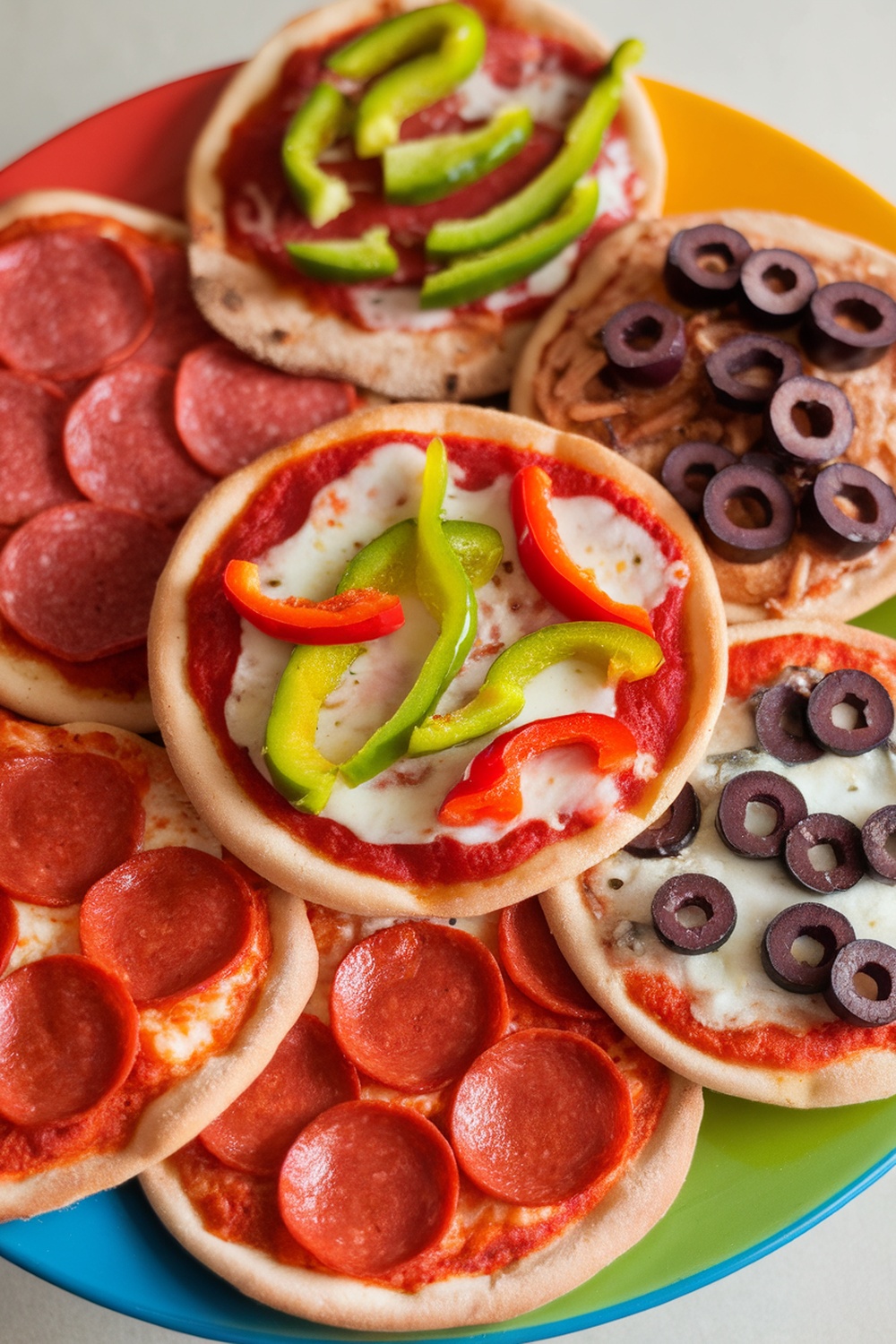 A plate of mini pizzas topped with pepperoni, bell peppers, and olives.