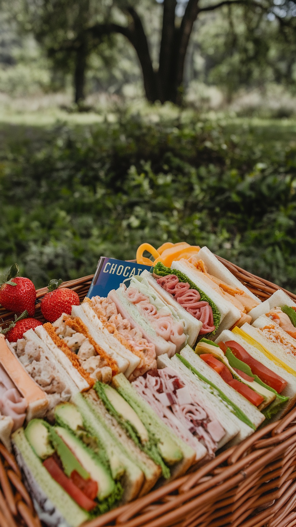 A picnic display with a variety of mini sandwiches and fresh strawberries.