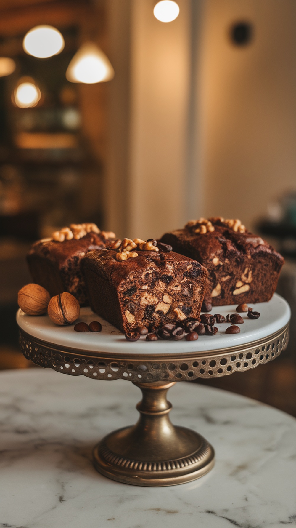 Mocha walnut mini loaves on a cake stand, garnished with walnuts and coffee beans.