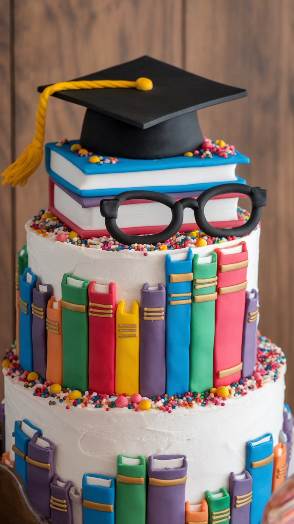 A tiered graduation cake decorated with colorful books and a graduation cap.