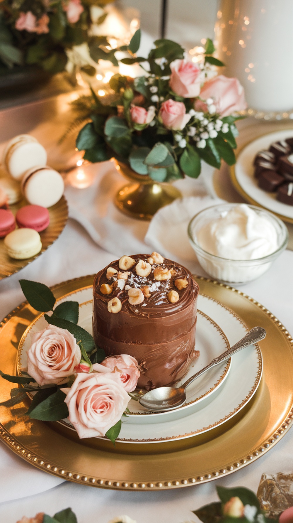 A delicious Nutella hazelnut mug cake served on a decorative plate with roses and whipped cream on the side.