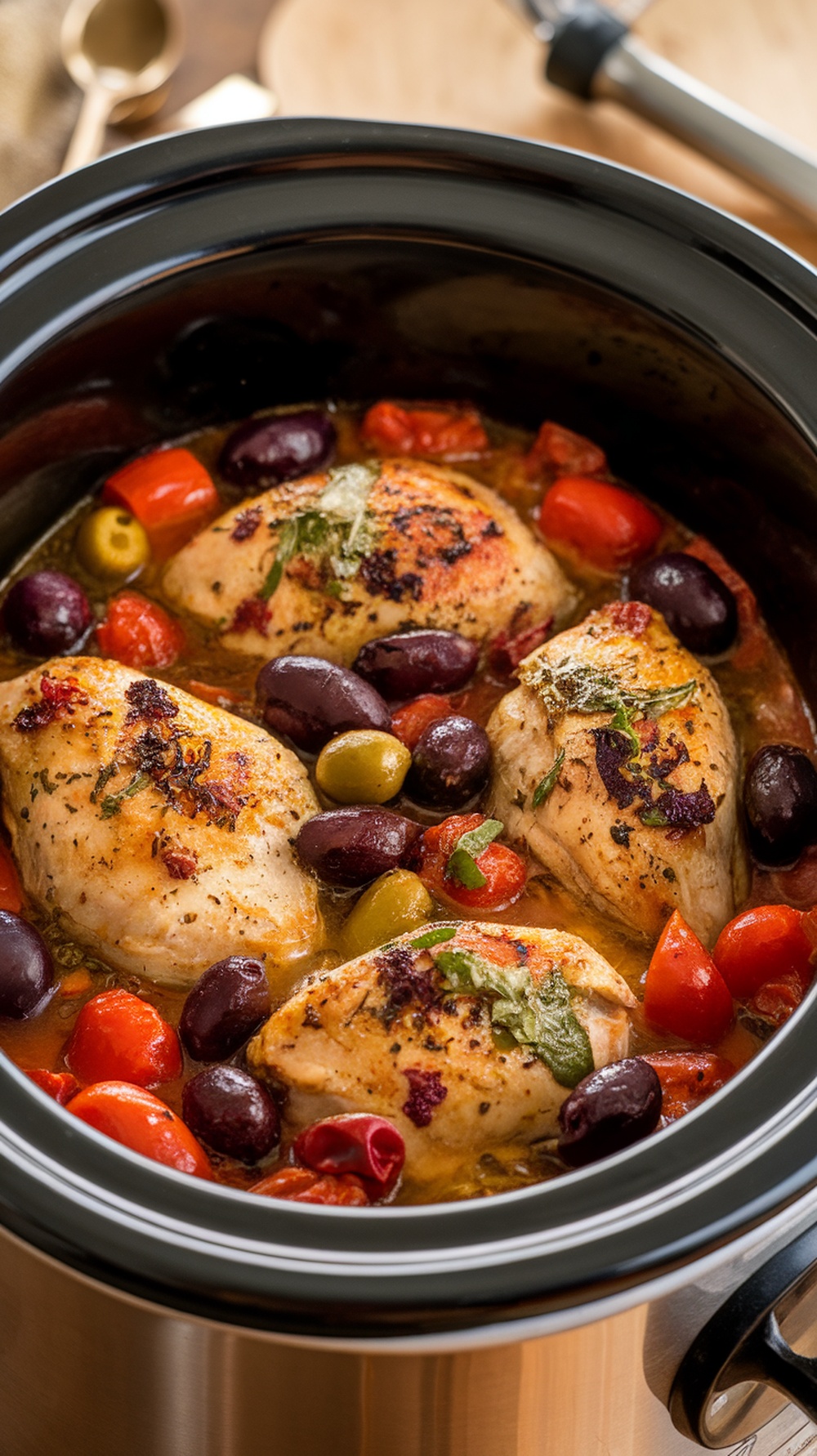 A crockpot filled with Mediterranean chicken, olives, and veggies.