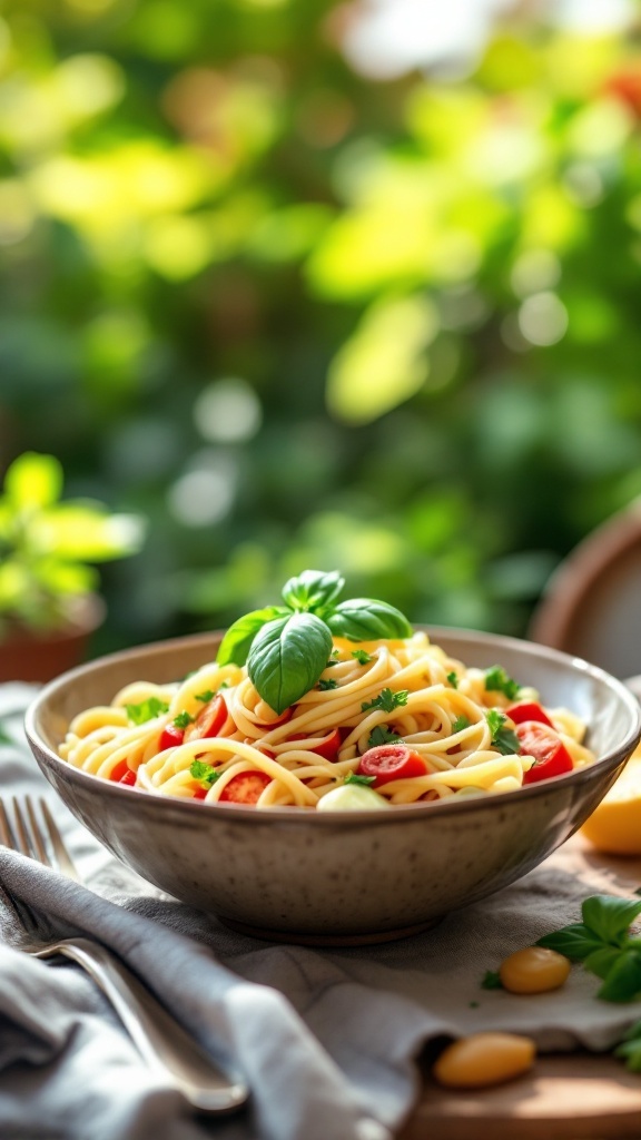 A bowl of Pasta Primavera featuring colorful vegetables and fresh basil.