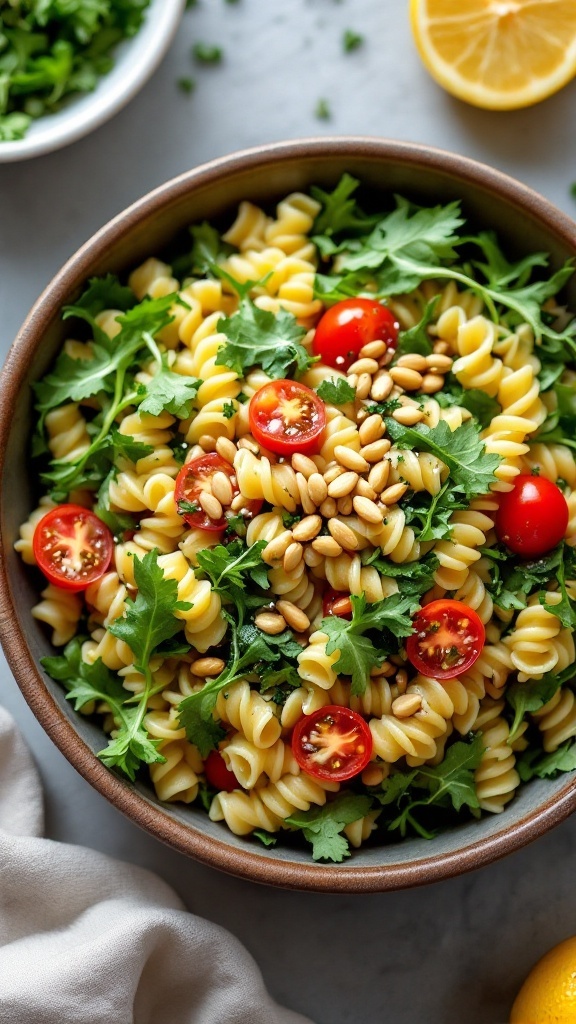 A bowl of summer pasta salad with rotini, cherry tomatoes, and greens, drizzled with lemon-herb vinaigrette.