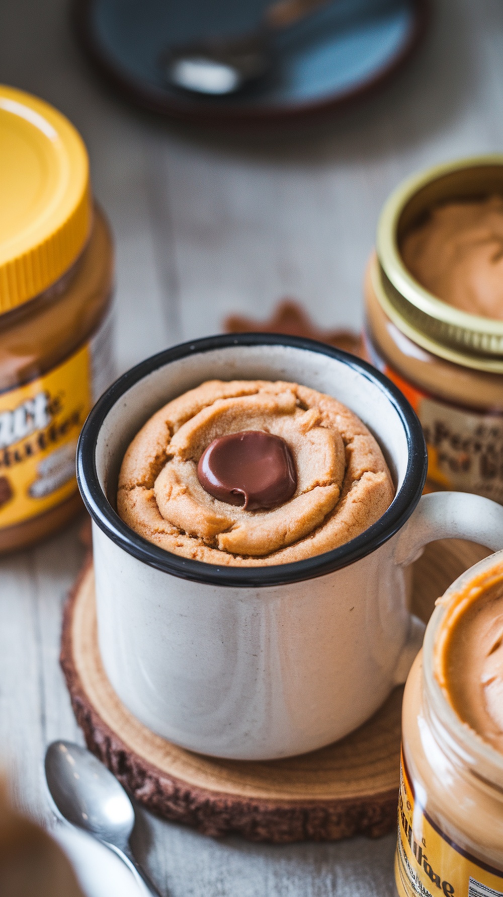 A mug filled with a peanut butter cookie mug cake topped with a chocolate piece, surrounded by jars of peanut butter.