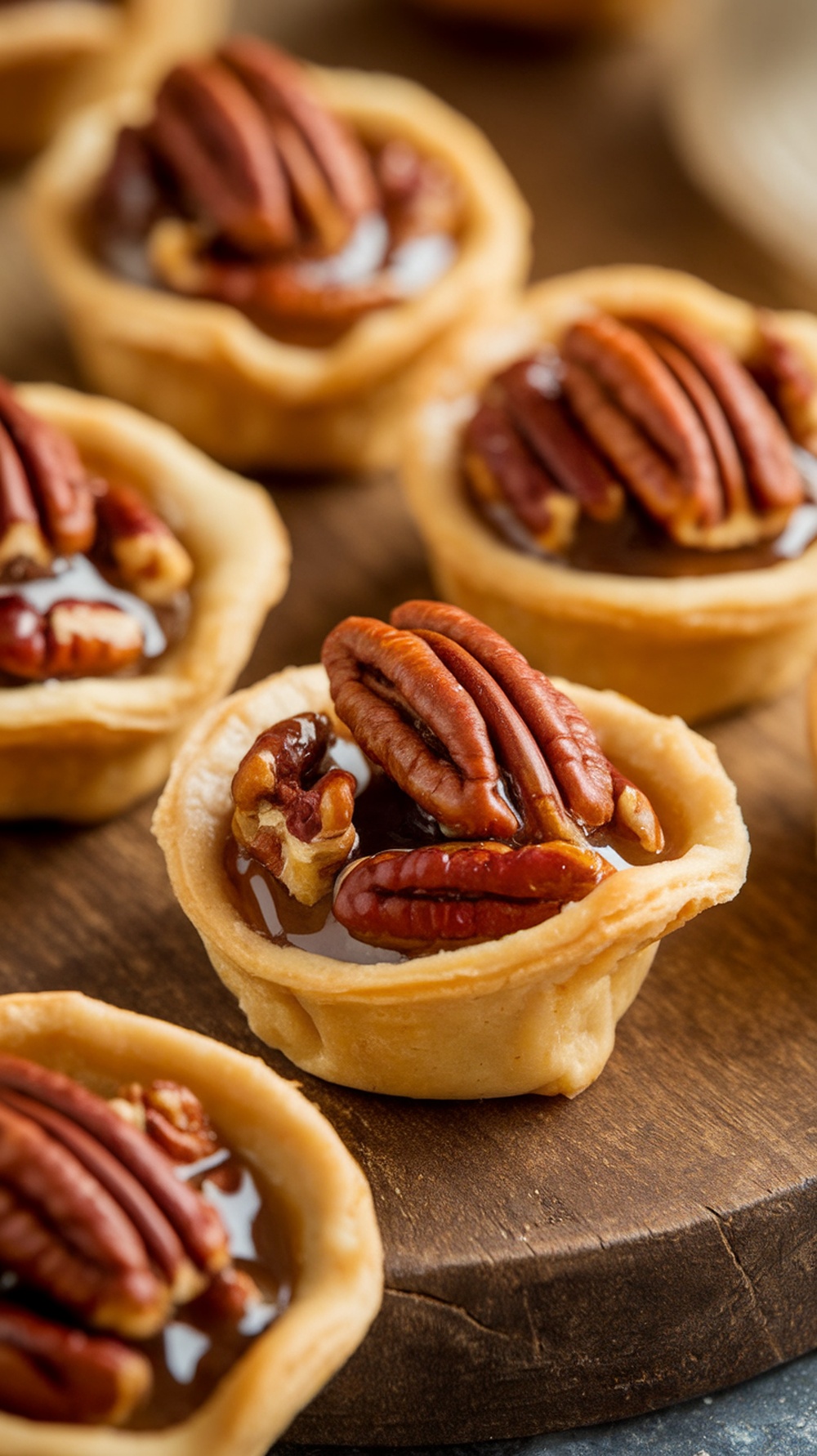 Mini pecan pie bites on a wooden surface