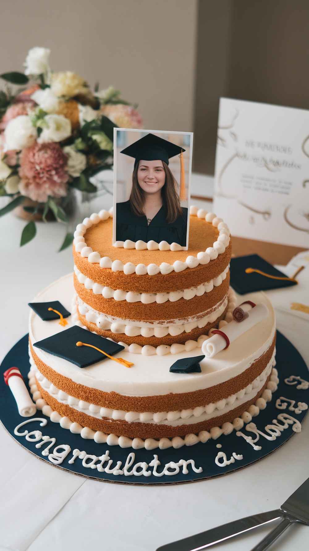 A graduation cake featuring a photo of the graduate, decorated with graduation caps and scrolls.