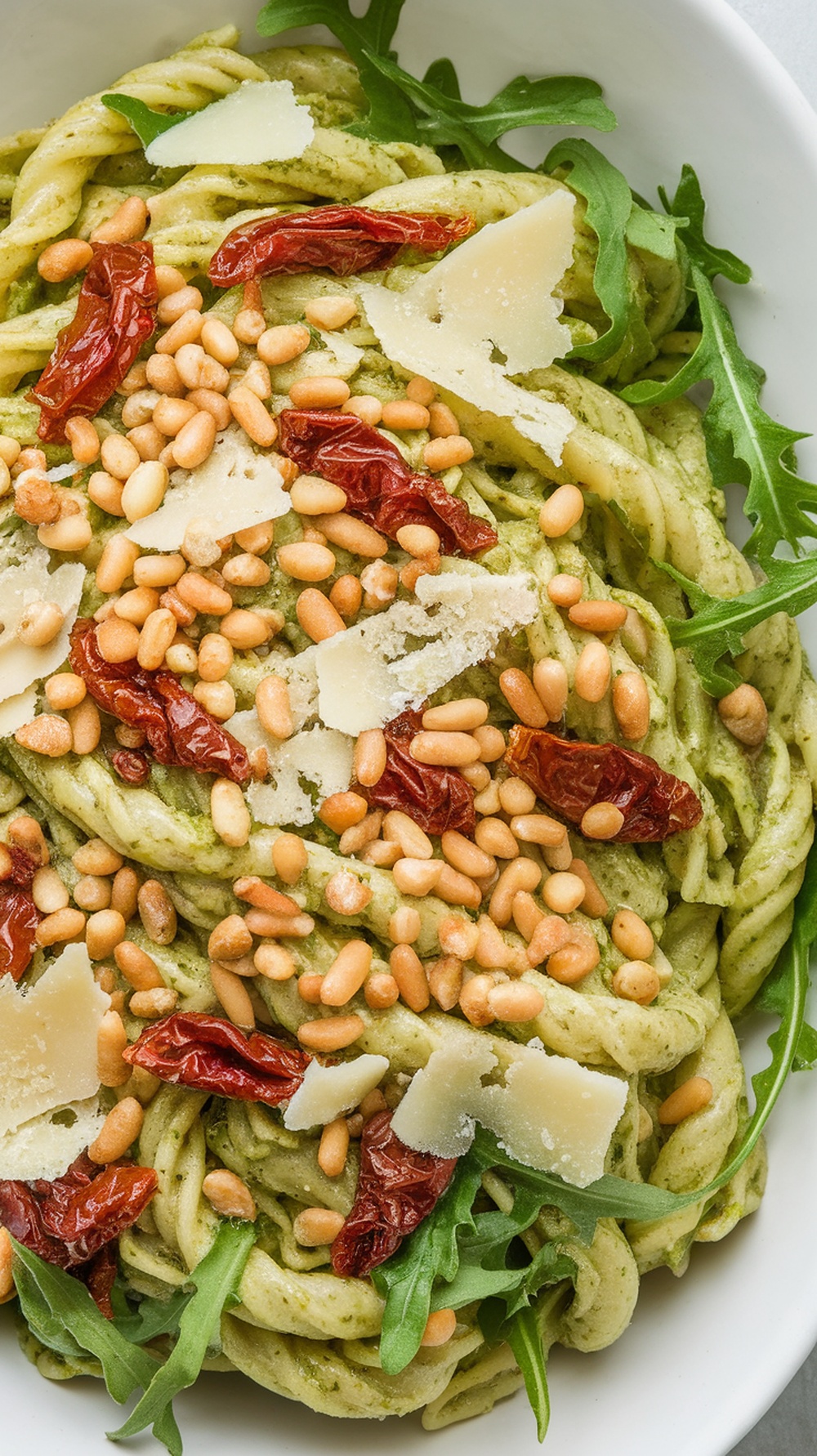 A bowl of pesto pasta salad topped with sun-dried tomatoes, pine nuts, and arugula.