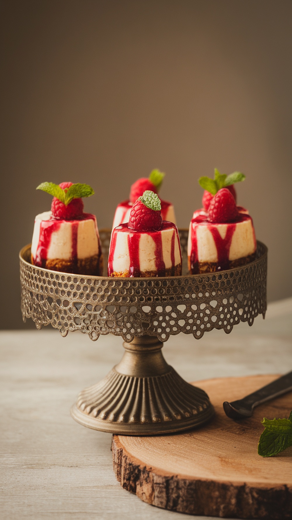 Mini cheesecake bites topped with raspberry sauce and mint, served on a decorative stand.